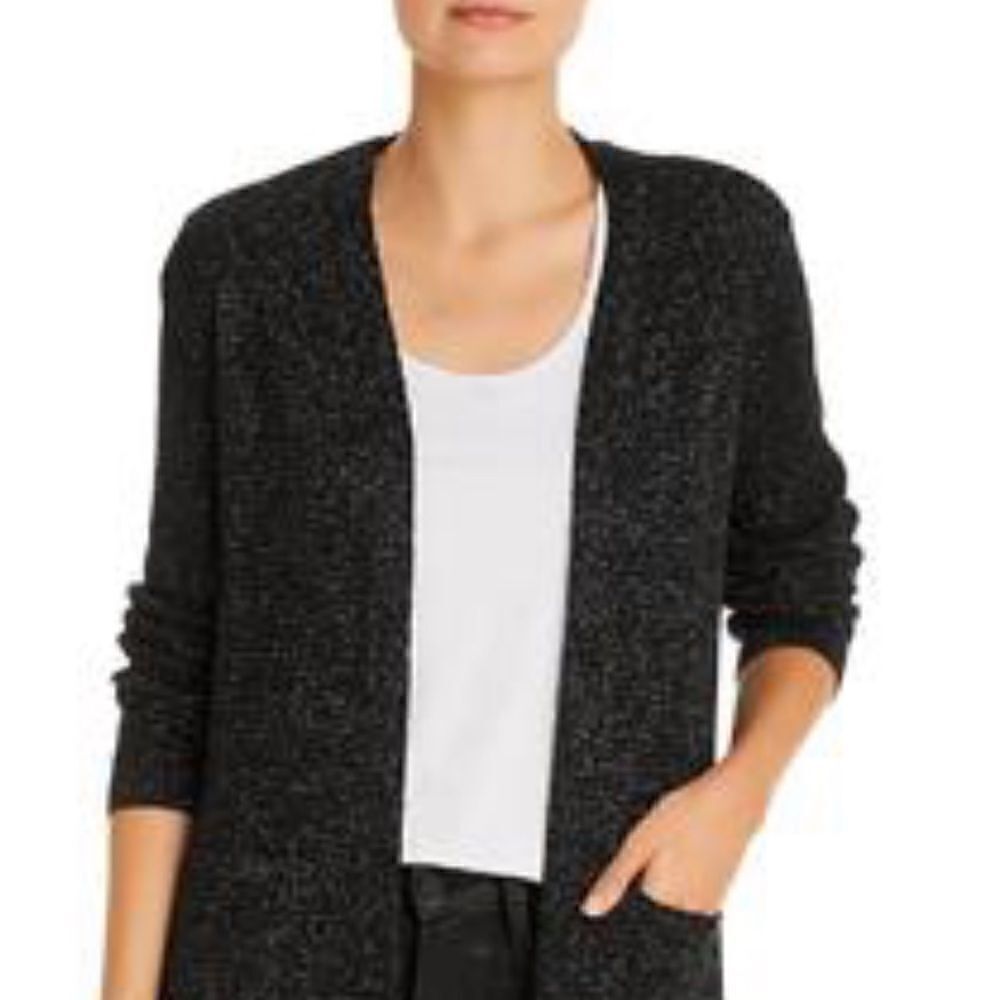 Eileen Fisher Black Tinsel Crinkle Ruffle Waterfall Front Open Cardigan Large